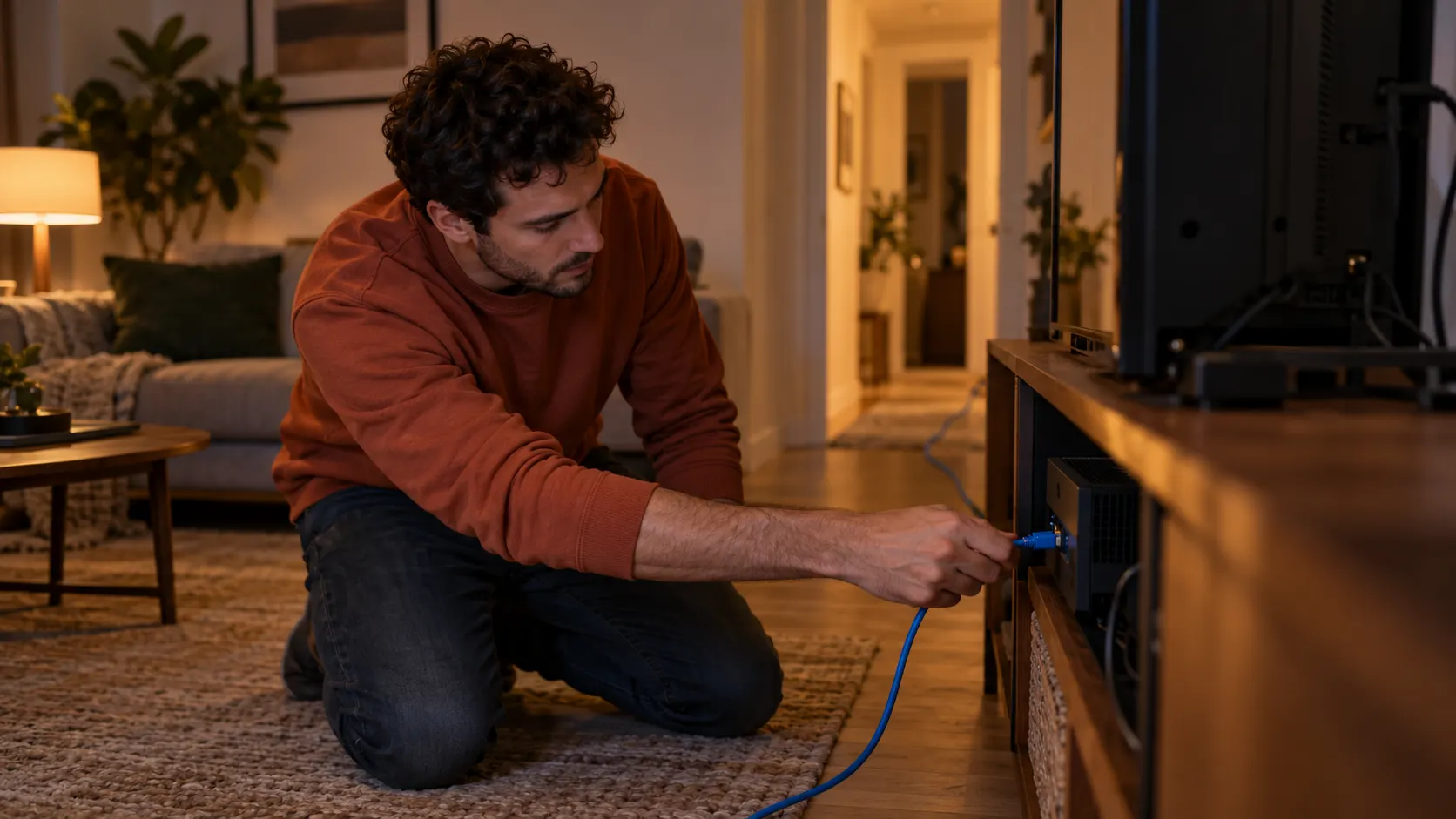 The same man kneels behind a TV stand in the evening and plugs a blue network cable into a game console