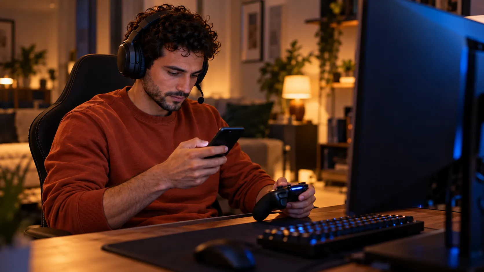 Back at his gaming desk with a headset on, he taps a switch on his phone before starting a match