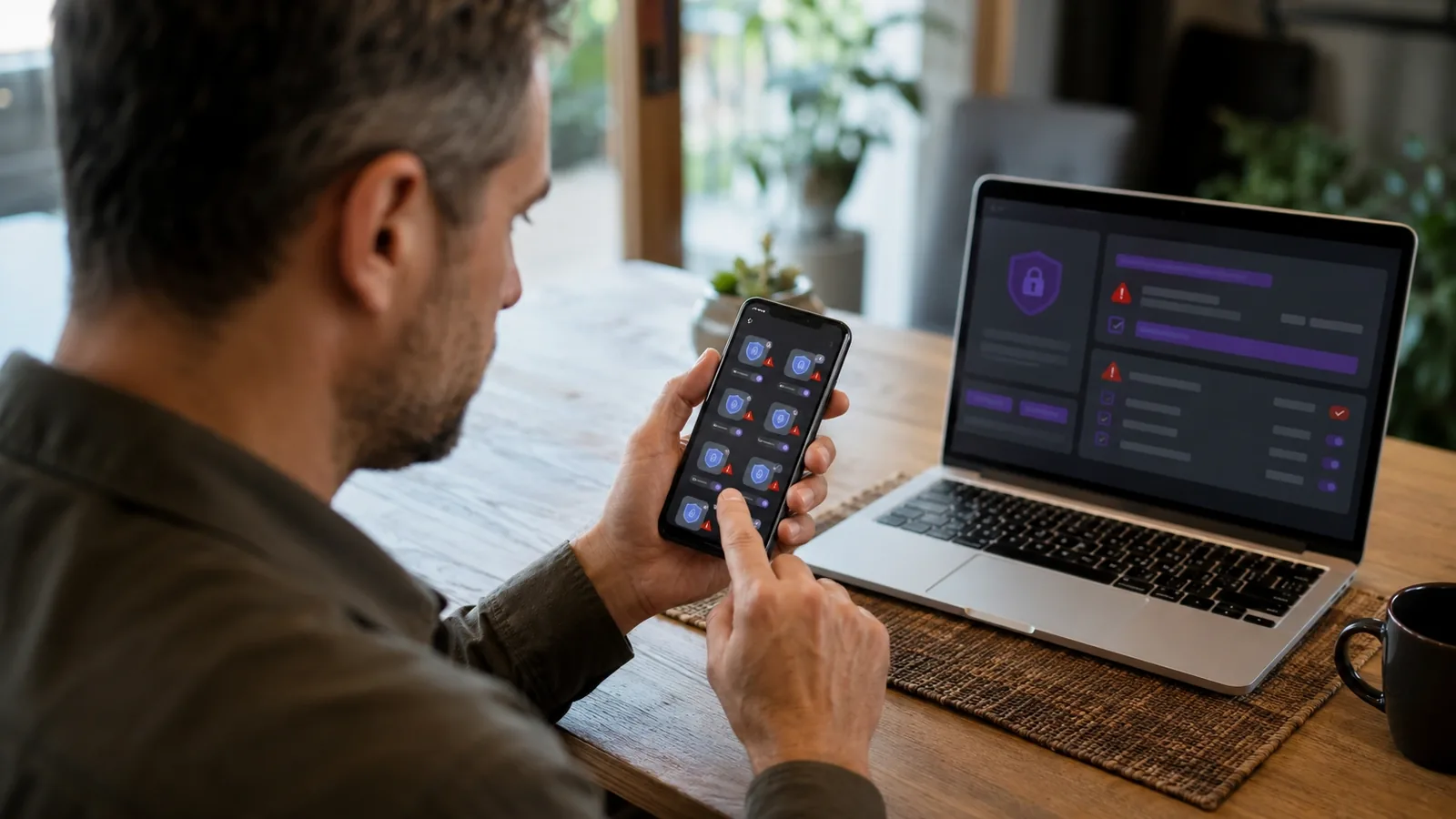 A man scrolling a phone screen full of near-identical VPN app icons, several marked with warning triangles