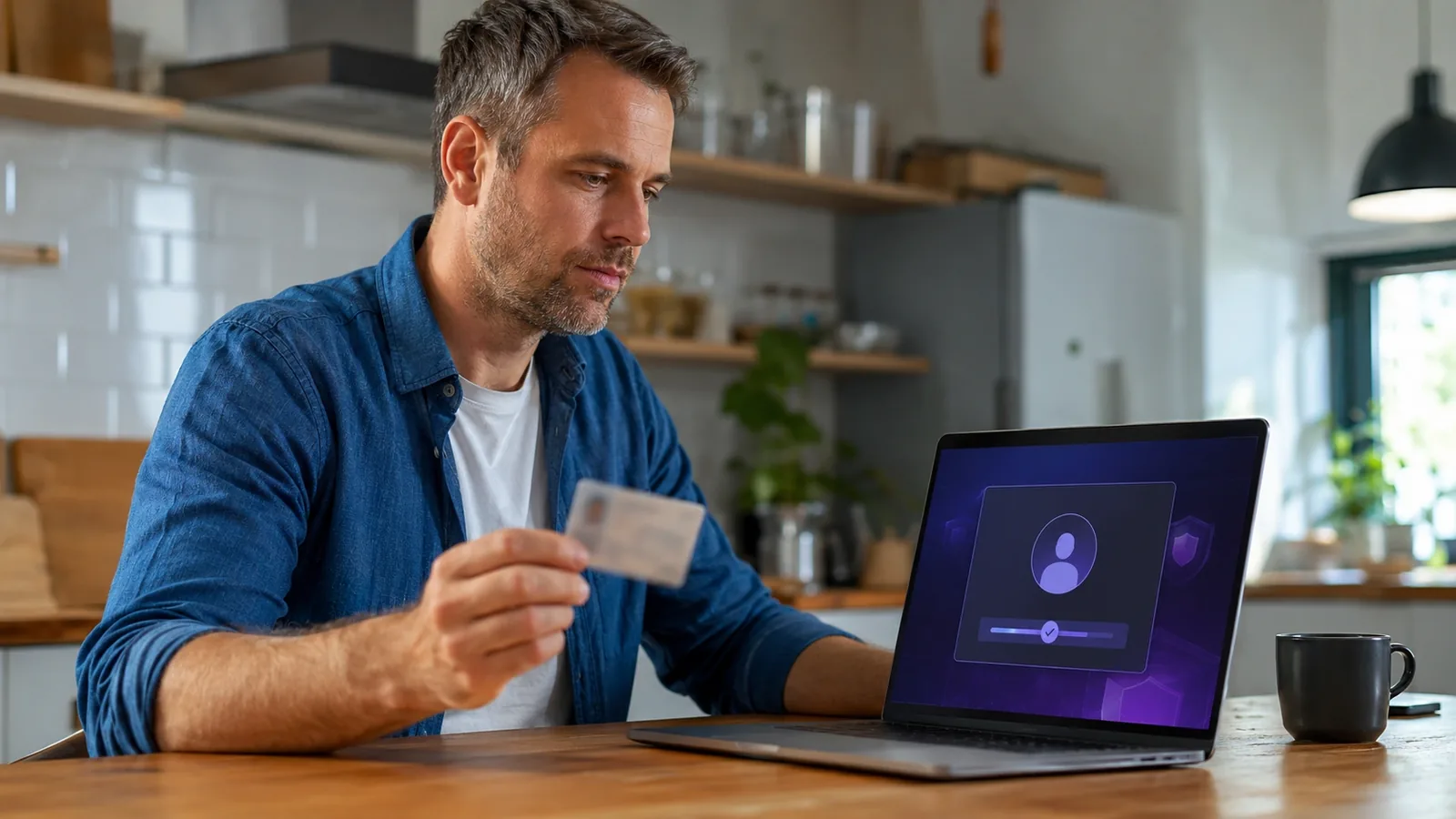 A man at a kitchen table holding an identity card up towards his laptop, which shows a verification screen with a profile icon and a progress bar