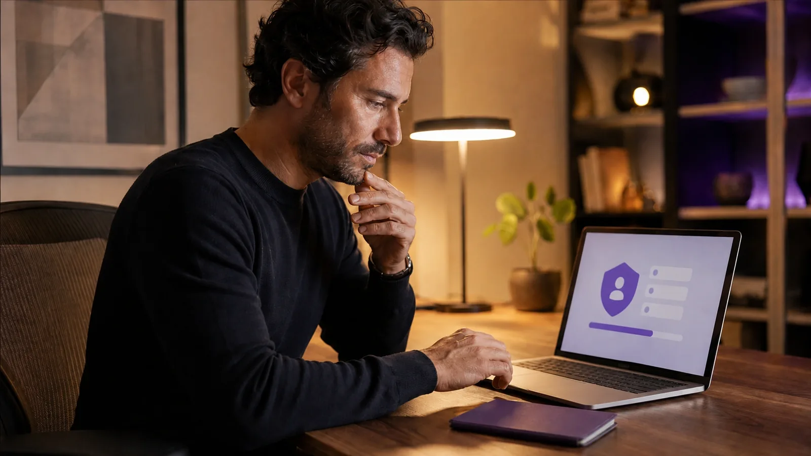 A man working late at a desk, reading a privacy screen on his laptop showing a shield icon beside a list of settings
