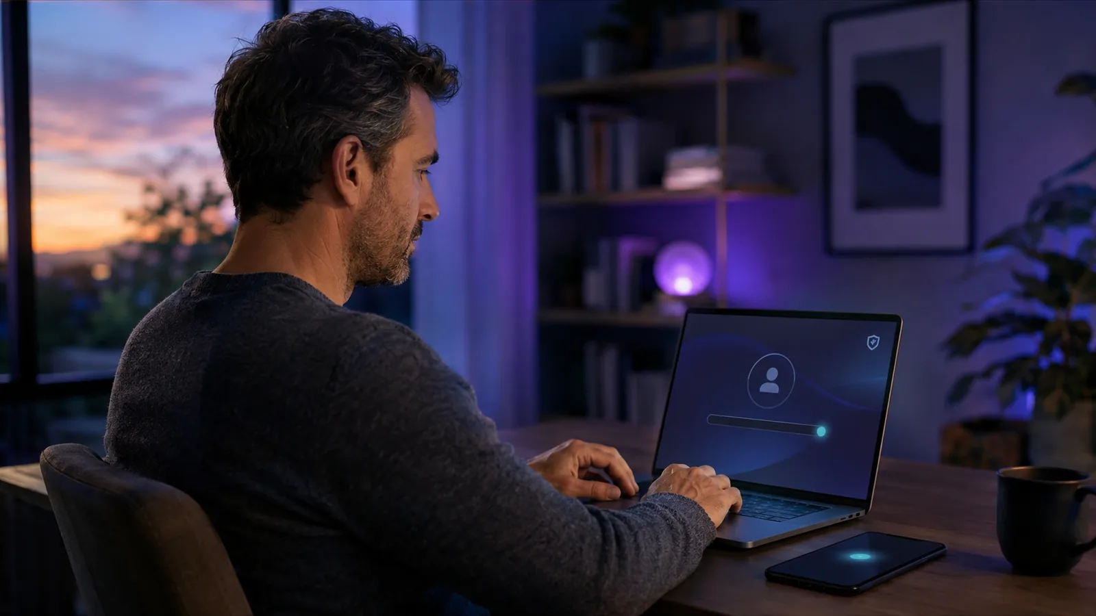 A calm workspace with a laptop showing a connected, protected session