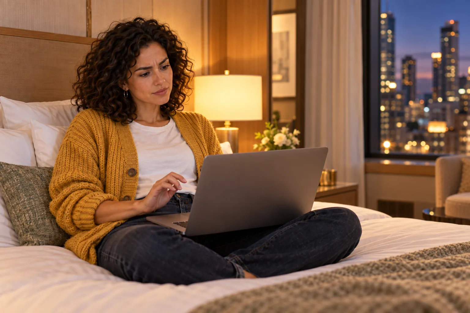 Sitting on the hotel bed in the evening, she frowns at a page on her laptop she does not trust