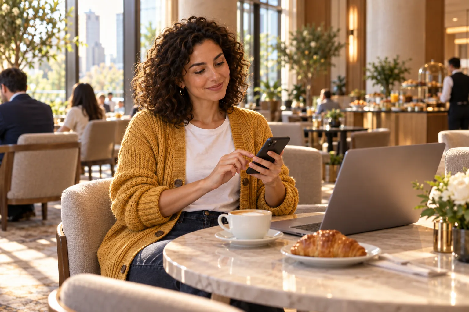 Over coffee and a croissant in the hotel breakfast lounge, she switches on a VPN on her phone before working