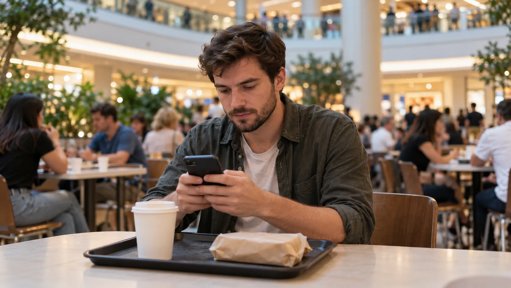 A bearded man in an olive shirt looks at his phone over a coffee and a wrapped sandwich in a busy shopping mall food court