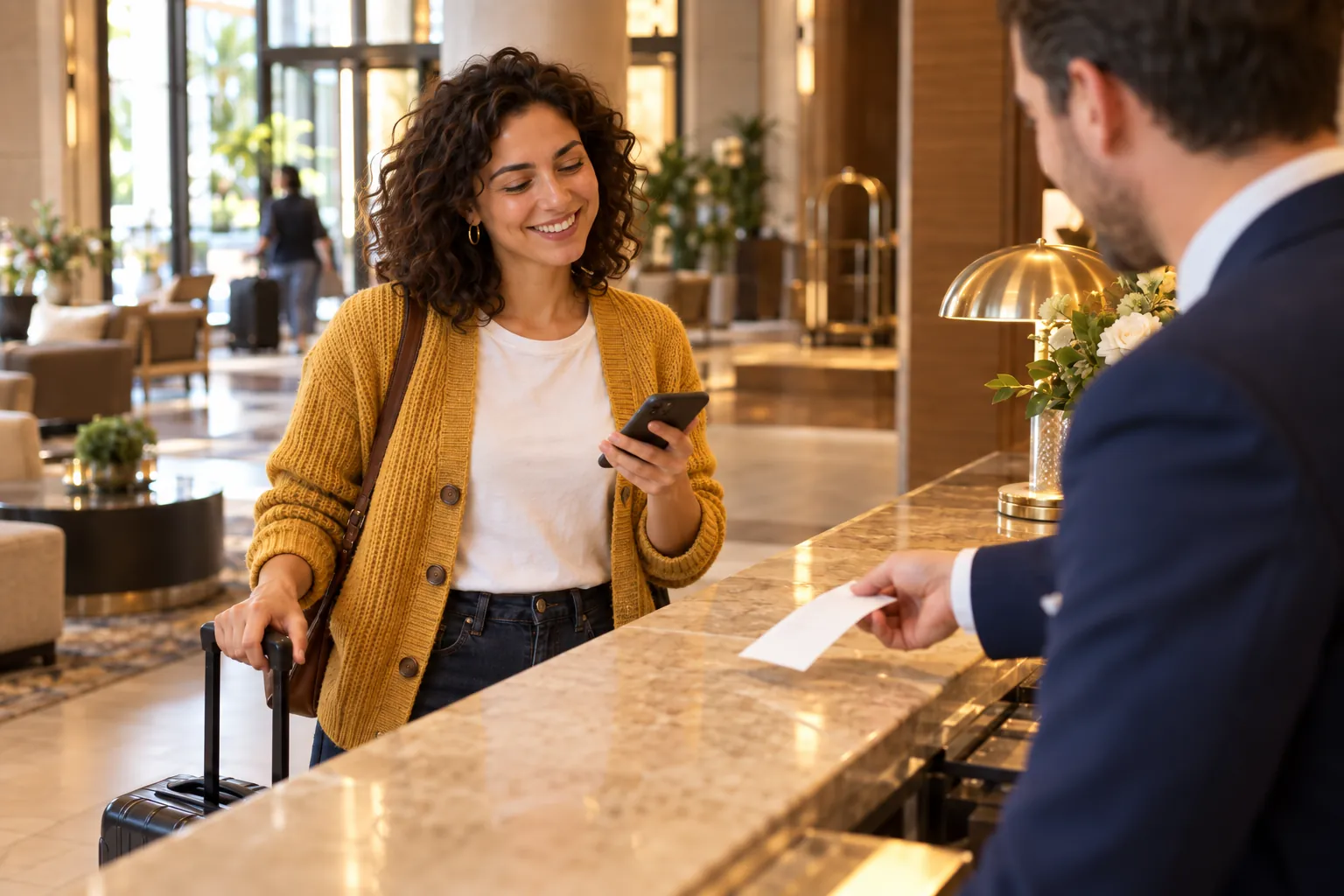 Checking out at the same reception desk, she taps her phone as the receptionist hands over the receipt
