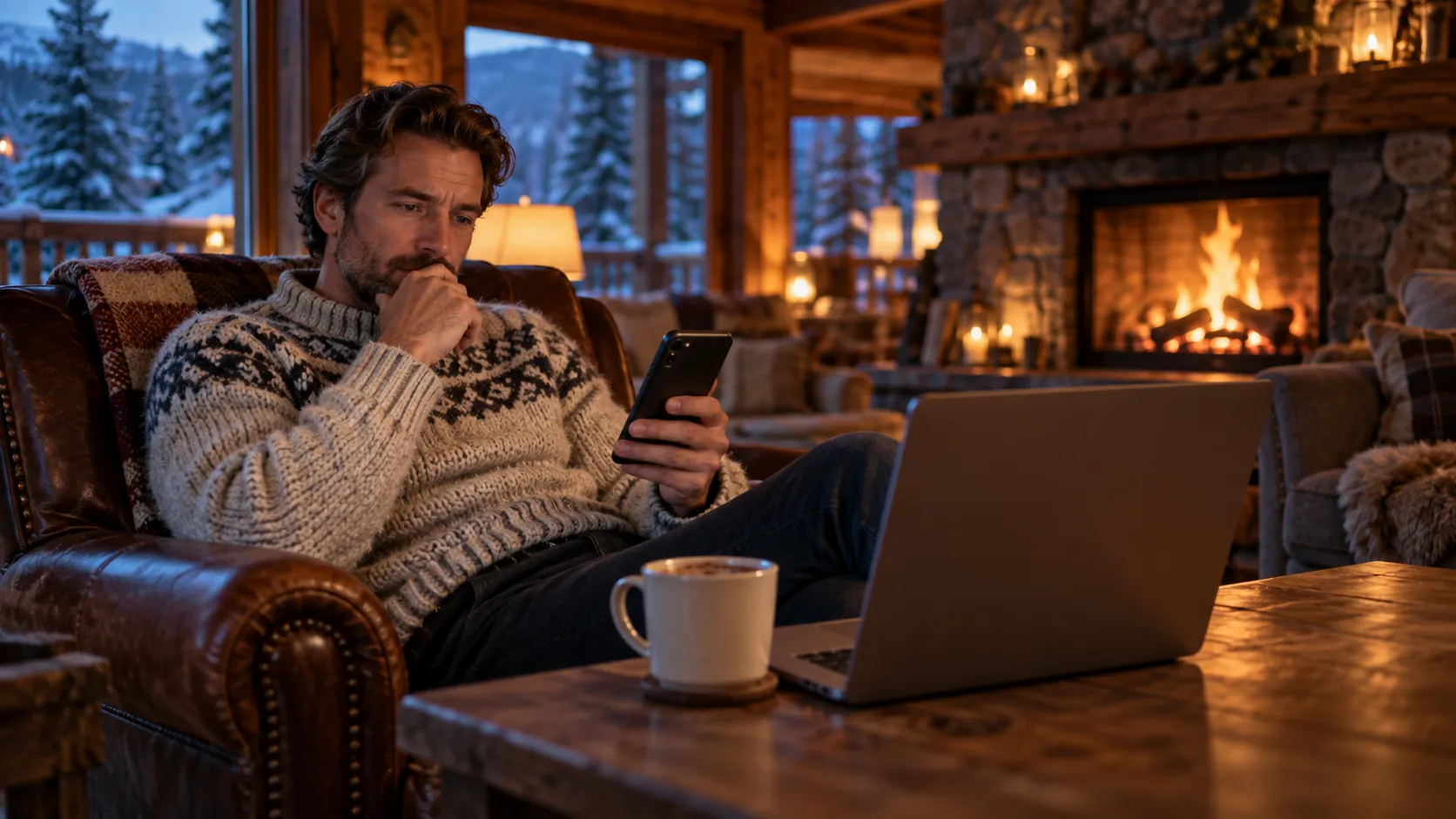 A man in a knit sweater studies his phone in a leather armchair at a ski lodge, laptop and mug on the table and a fire burning behind him