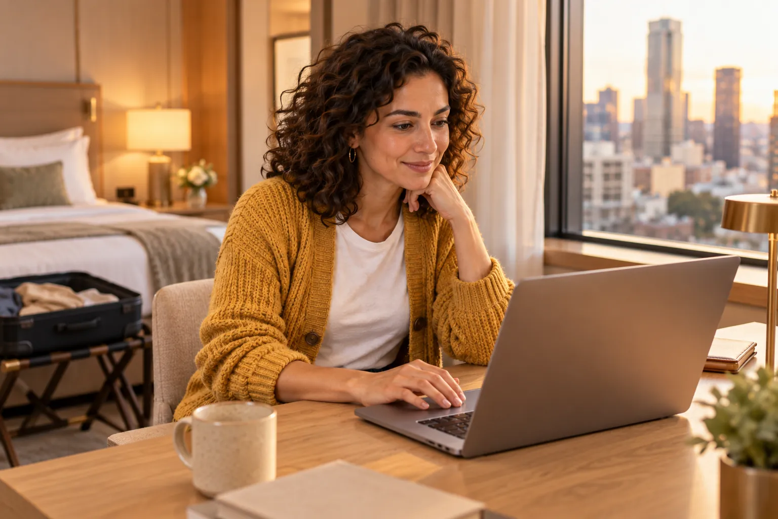 The same traveller at the desk in her hotel room changes a setting on her laptop, city view through the window