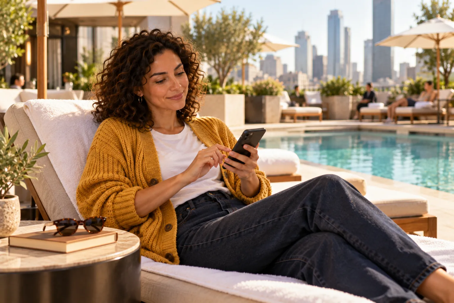 On a rooftop pool lounger she swipes through her phone settings before putting it away