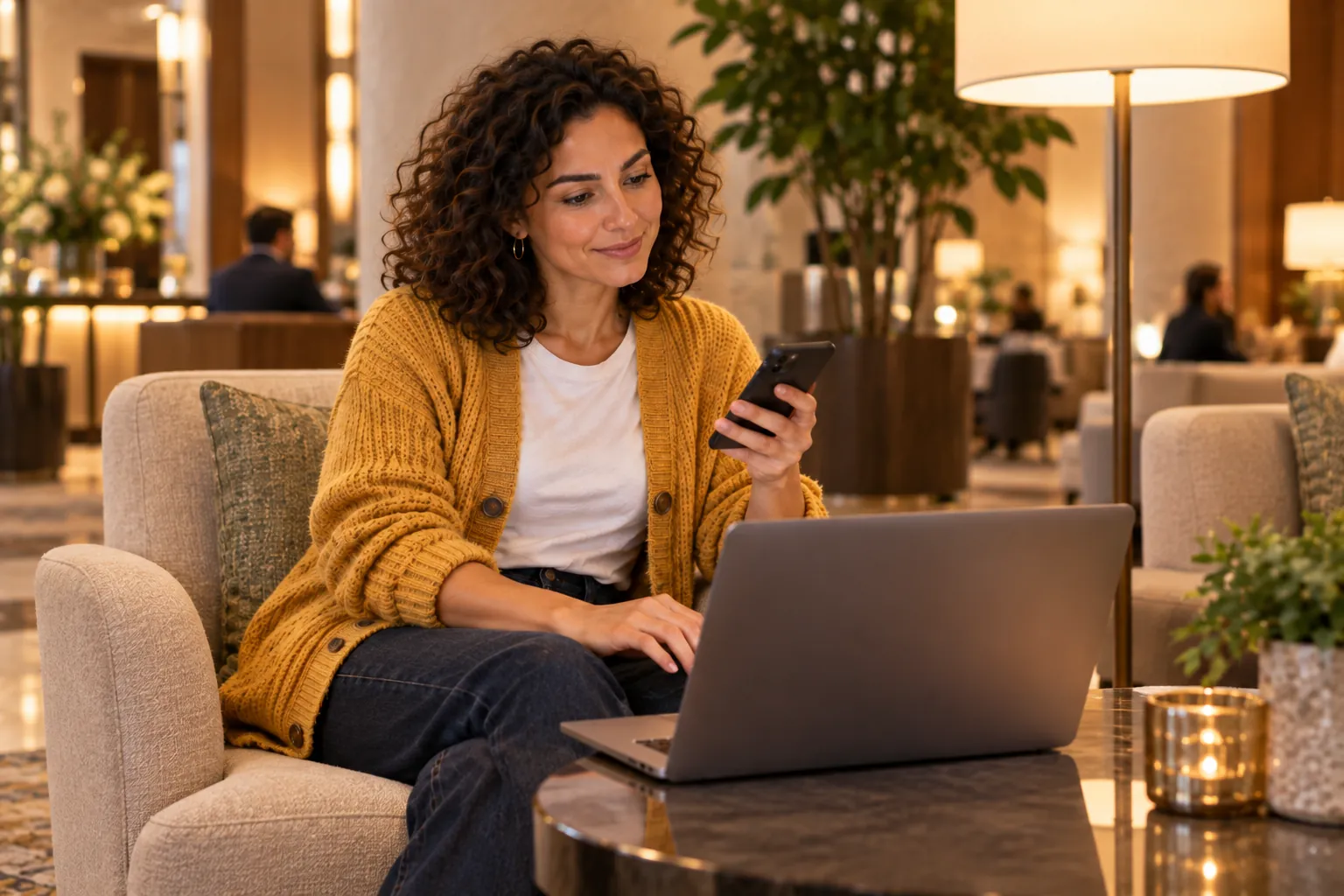 In a lobby armchair she copies a sign-in code from her phone to her laptop