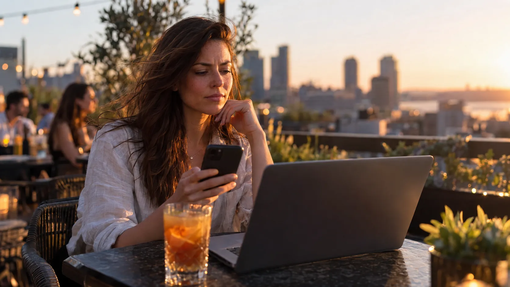 A woman with long dark hair checks her phone beside an open laptop at a rooftop bar at golden hour, city towers behind her