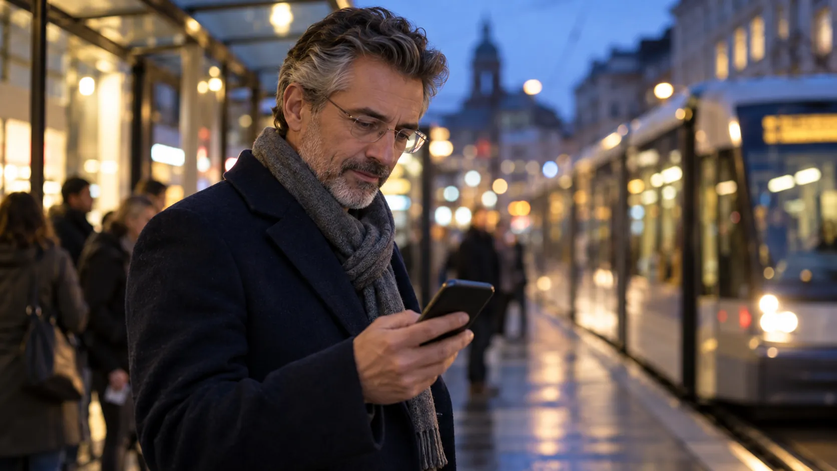 A man in glasses and a navy coat checks his phone at a city tram stop at dusk