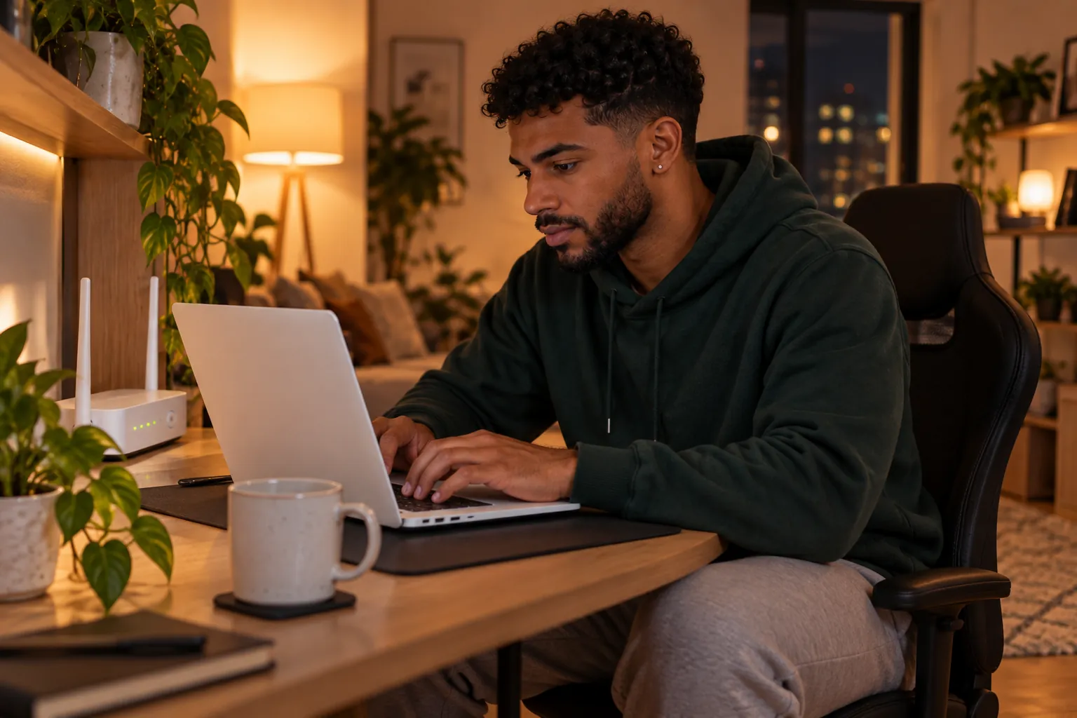 The same man types on a laptop at his desk with the router beside it, changing its settings