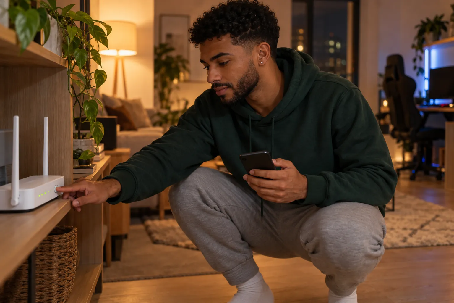A man in a green hoodie crouches by a white Wi-Fi router on a wooden shelf and presses its power button