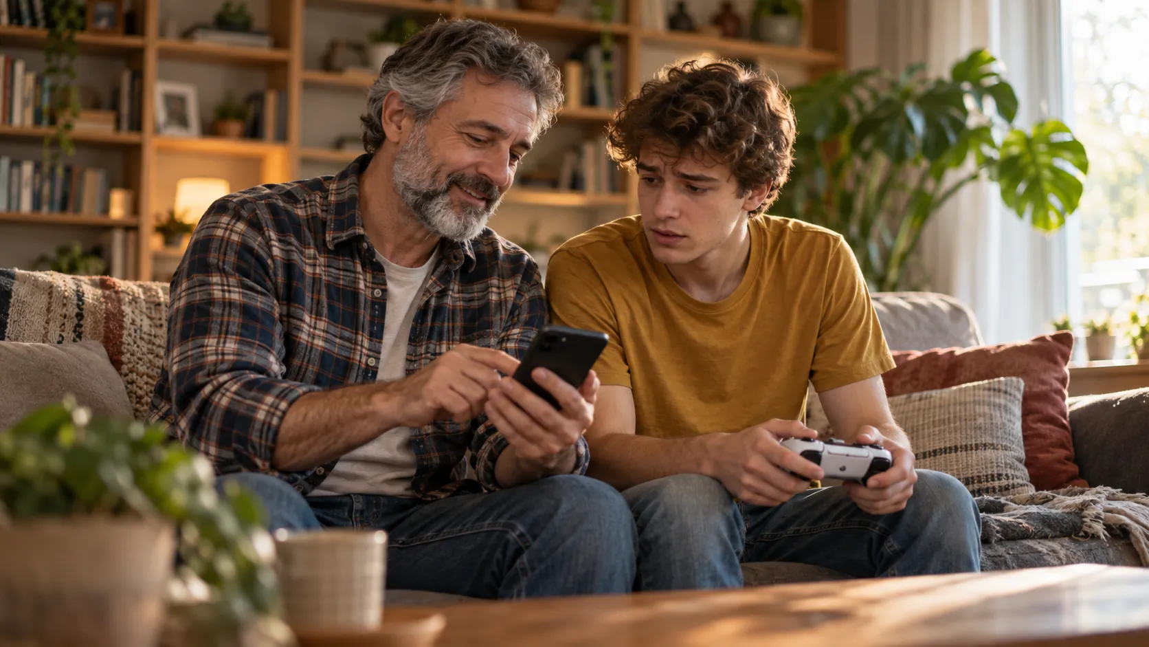 A father calmly shows his worried son something on his phone while the son holds a game controller on the sofa