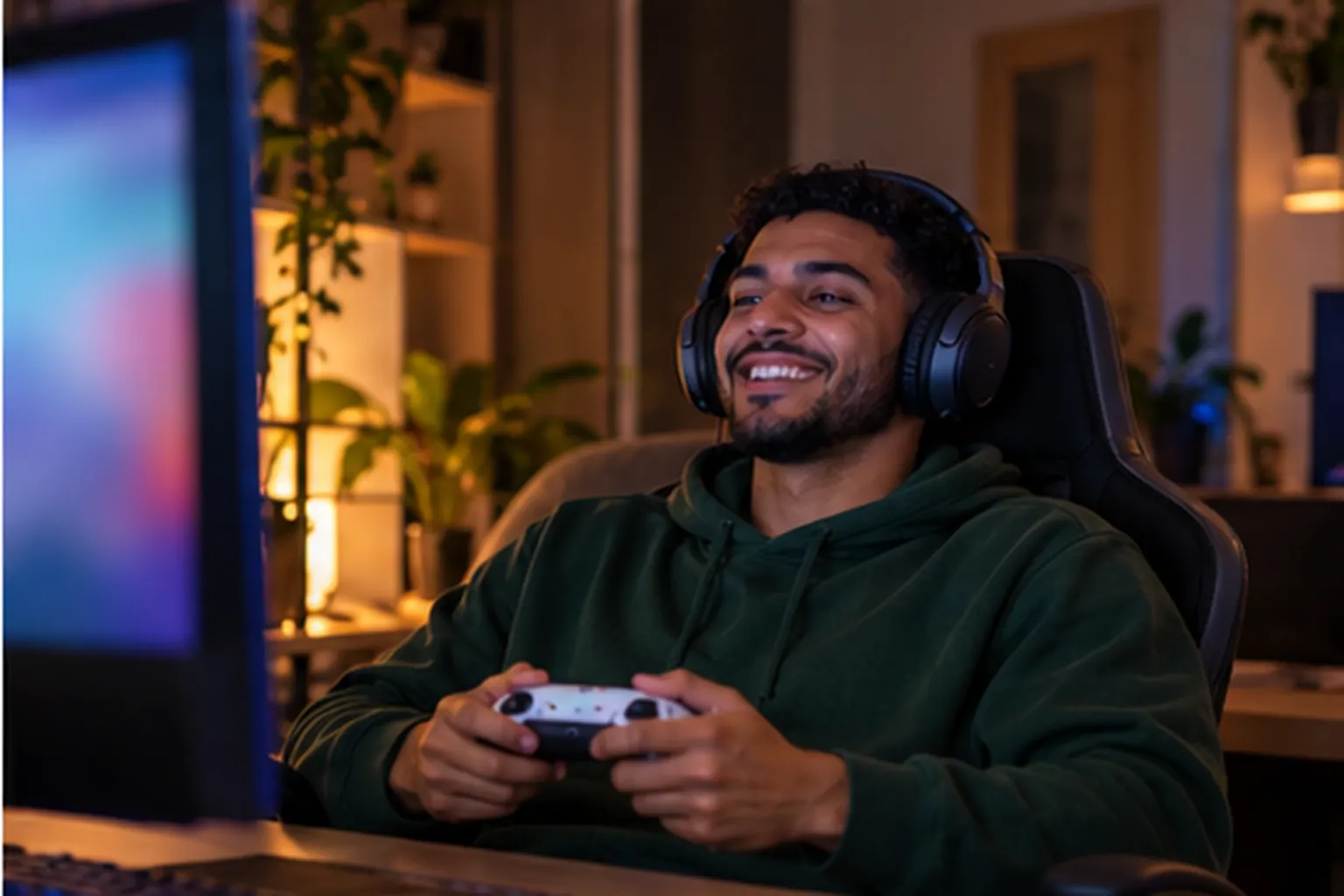 Later that night he plays a game at the same desk with his headset on, smiling and relaxed