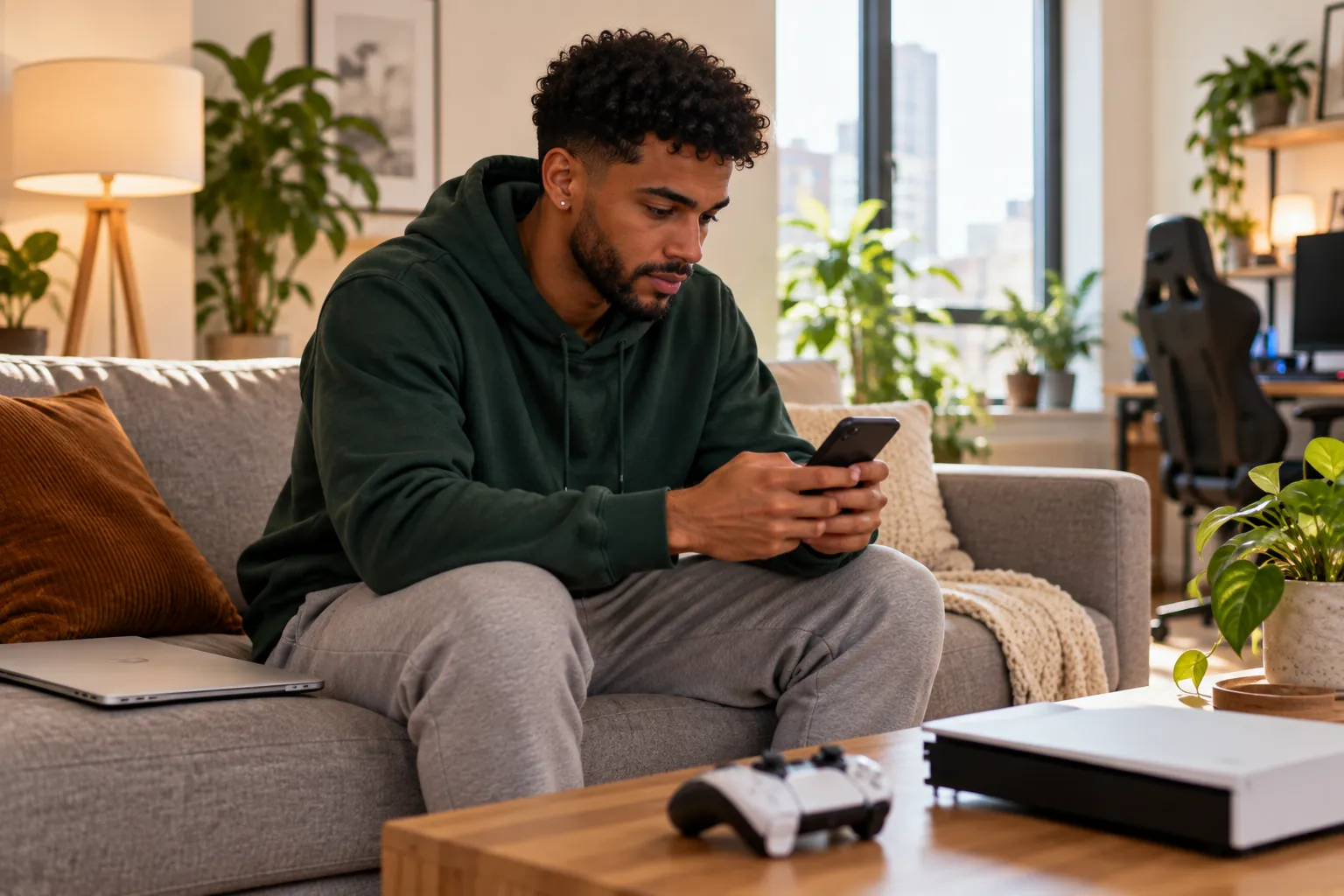 On the sofa next to a game console, he waits for a software update to finish on his phone