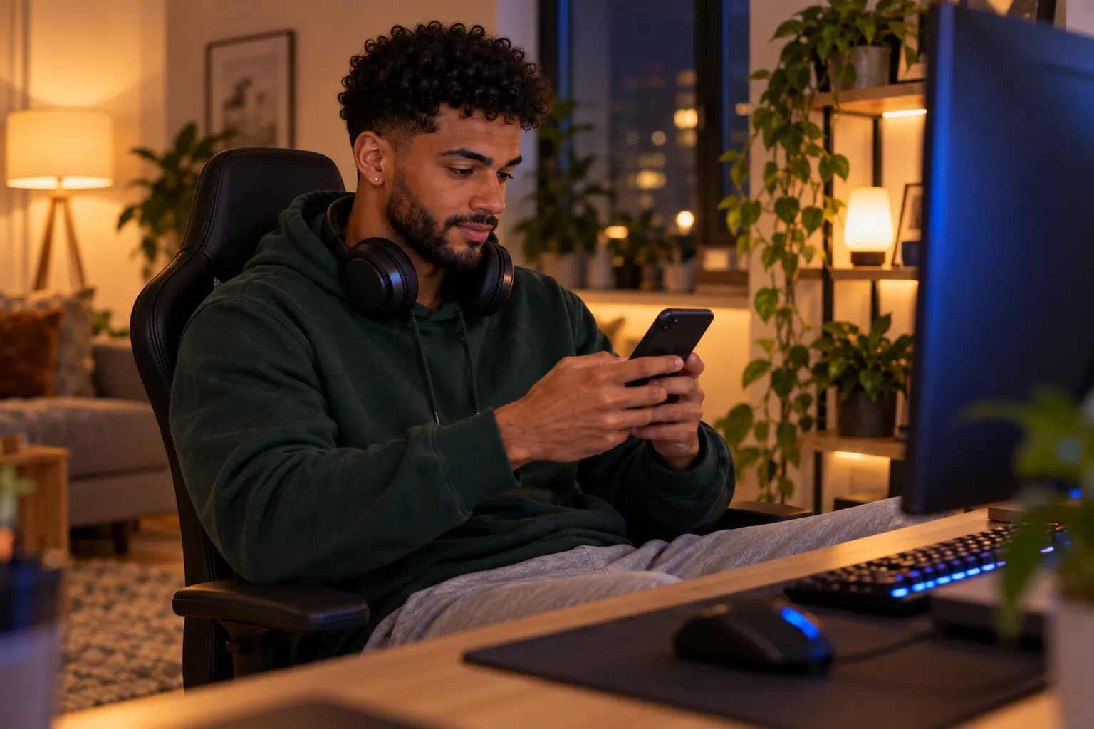 At his gaming desk with a headset round his neck, he switches on a VPN on his phone before playing