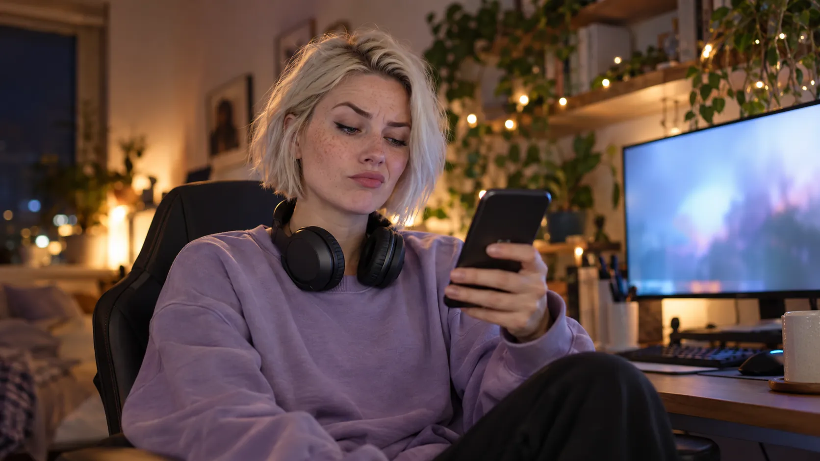 A woman with a platinum bob and a headset round her neck raises an eyebrow at a message on her phone at her gaming desk at night