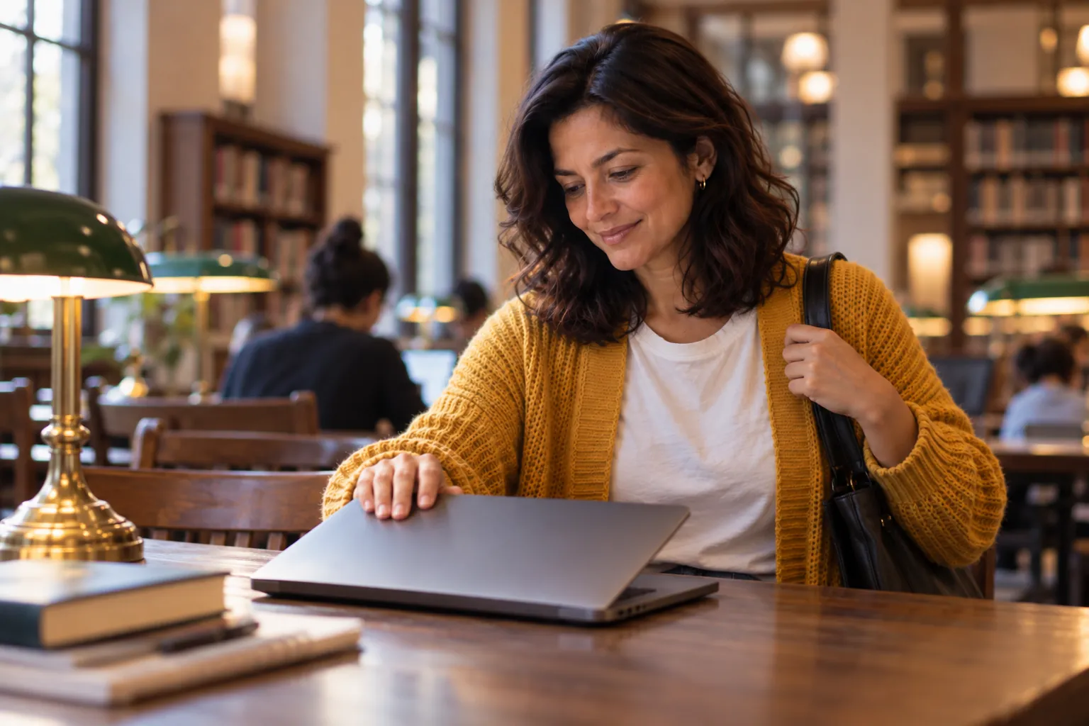 The same woman closes her laptop in a quiet library reading room at the end of the day, bag on her shoulder