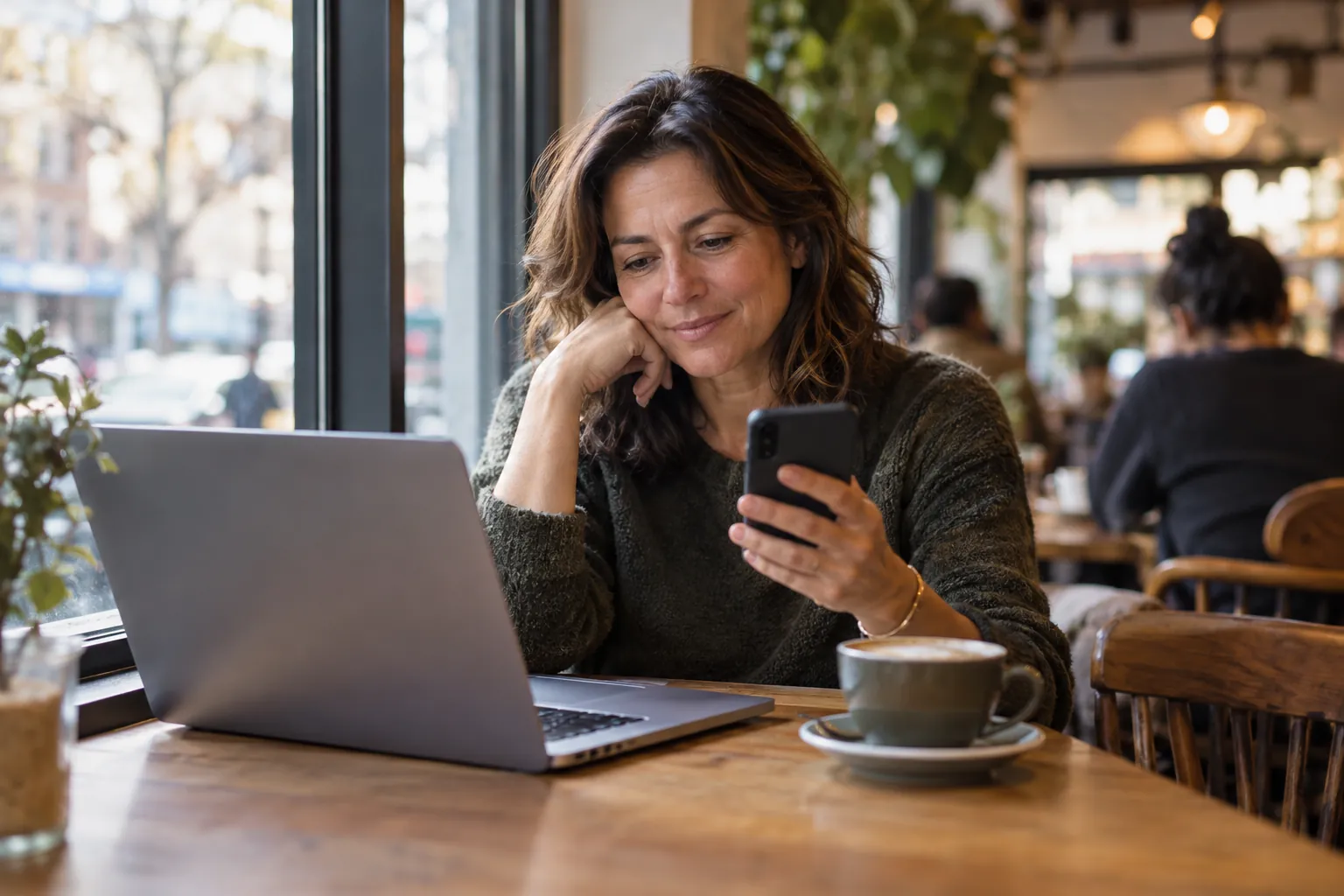 A woman in a cafe checks her phone with her laptop open in front of her