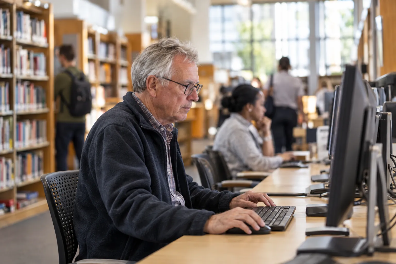 An older man uses a shared computer in a public library while other people browse the shelves