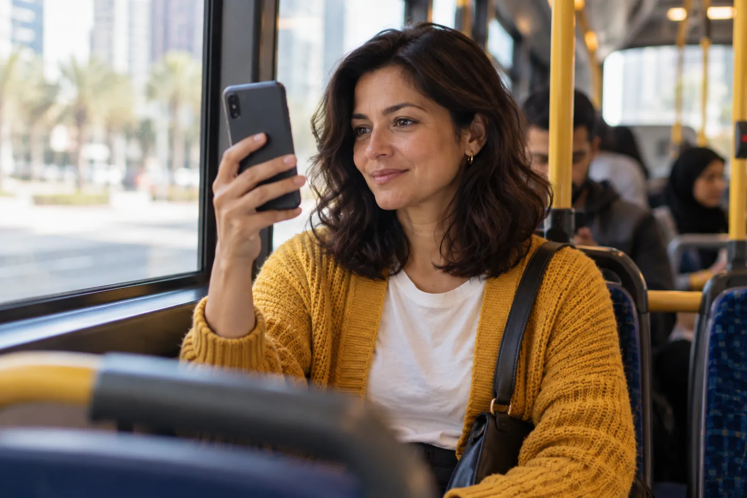 The same woman on a city bus holds her phone up to her face to unlock it