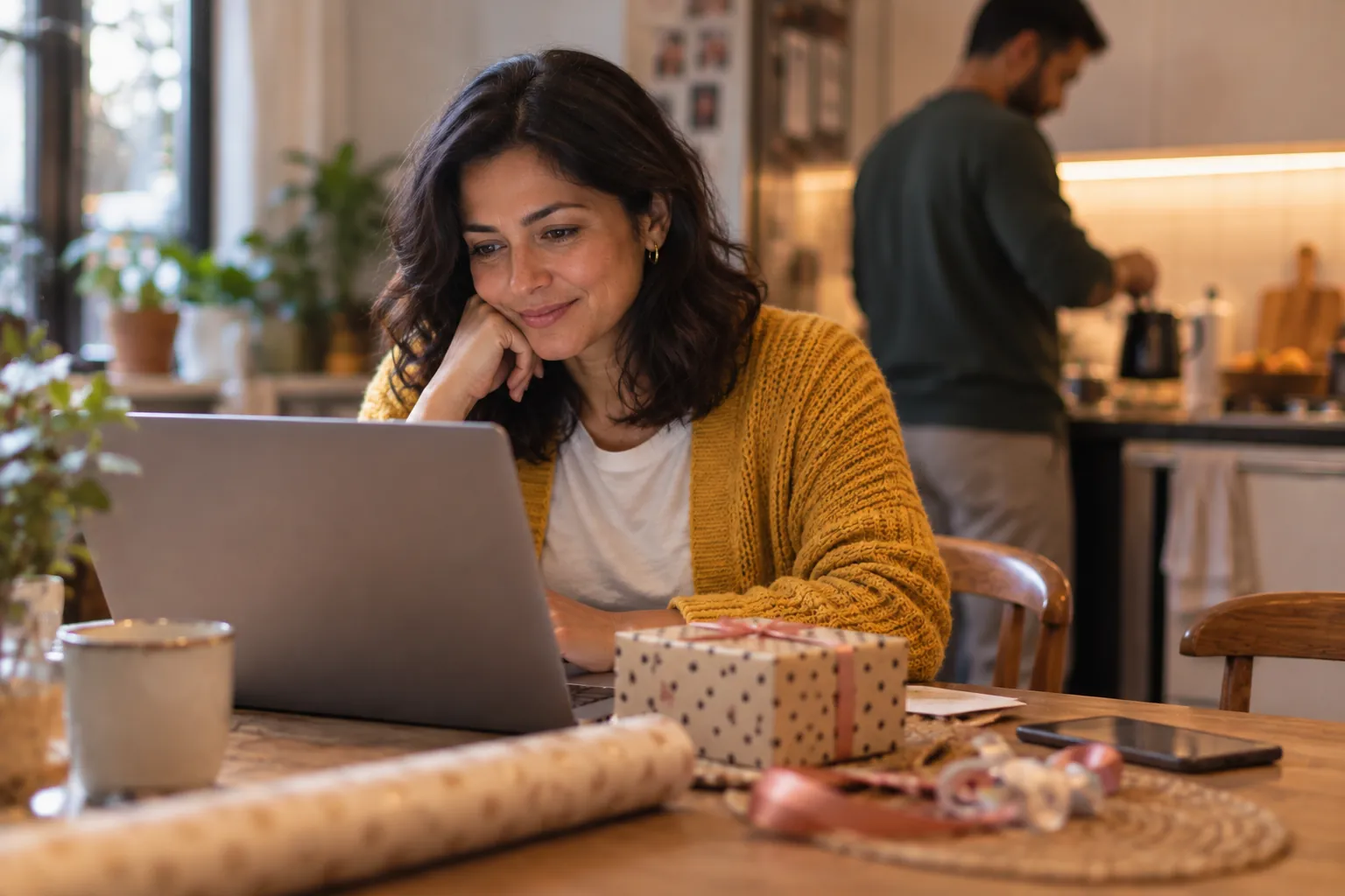 A woman in a mustard cardigan smiles at a laptop at the kitchen table while shopping for a gift, her partner making tea behind her