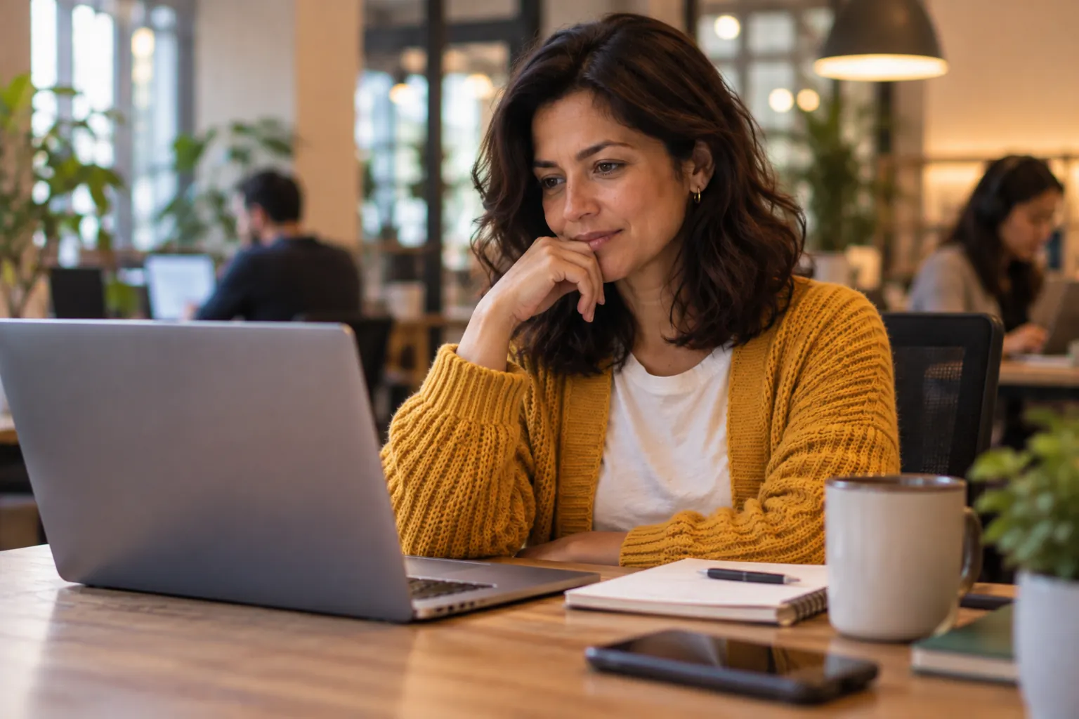 The same woman sits back from her laptop in a co-working space, hand on her chin, deciding not to log in
