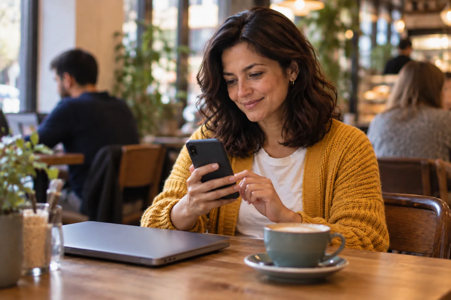 The same woman in a cafe taps a switch on her phone with her thumb, her laptop closed beside her