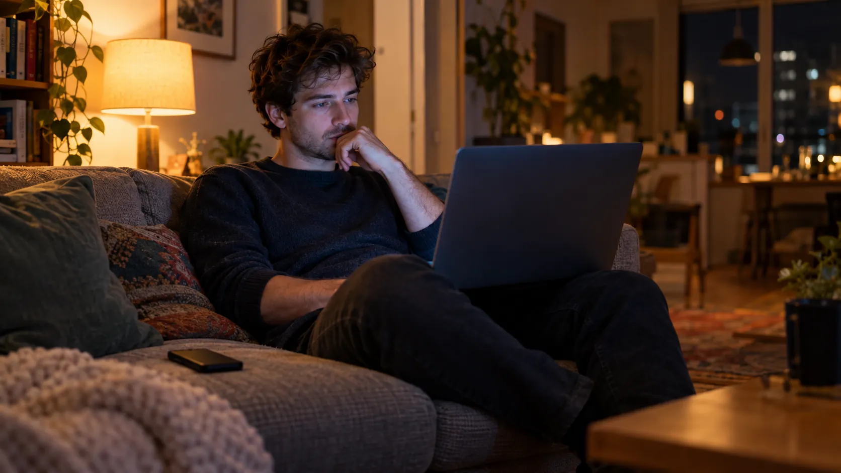 A young man on a sofa at night looks thoughtfully at his laptop, lit by a warm lamp, his phone face down beside him