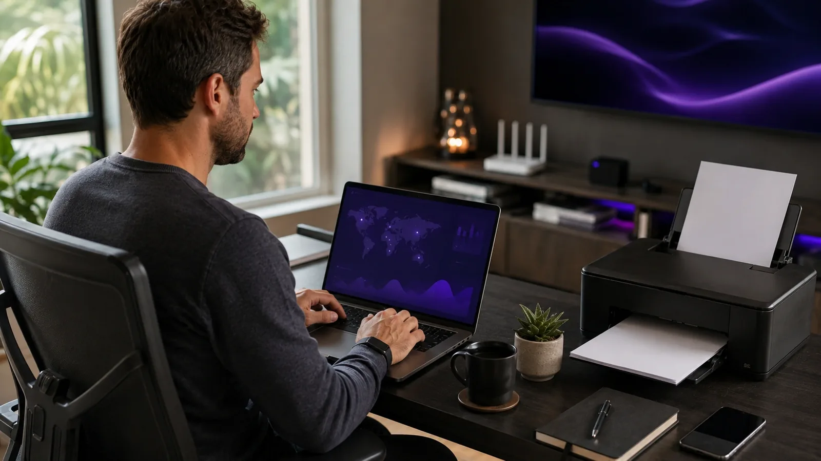 A man at a home office desk with a laptop, a printer feeding out a page beside him and a Wi-Fi router on the shelf behind