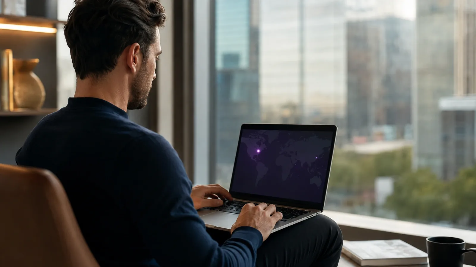 A man sitting by a floor-to-ceiling window with a laptop on his knees, a world map on the screen with two locations glowing