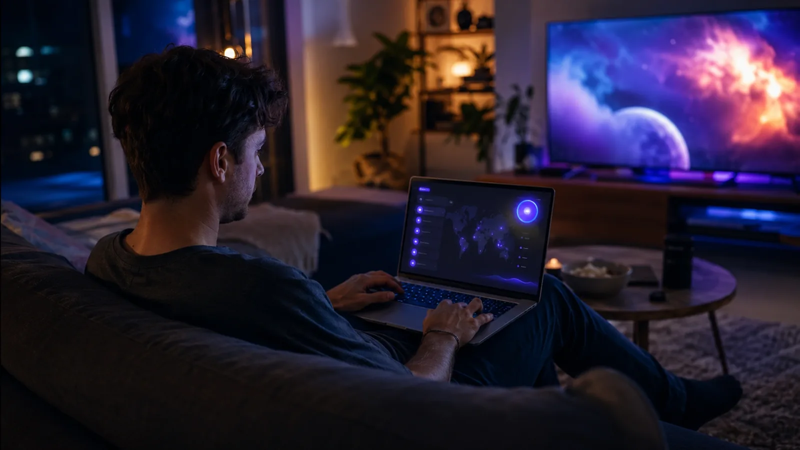 A man on a sofa at night with a laptop, a large television playing behind him and a bowl of popcorn on the coffee table