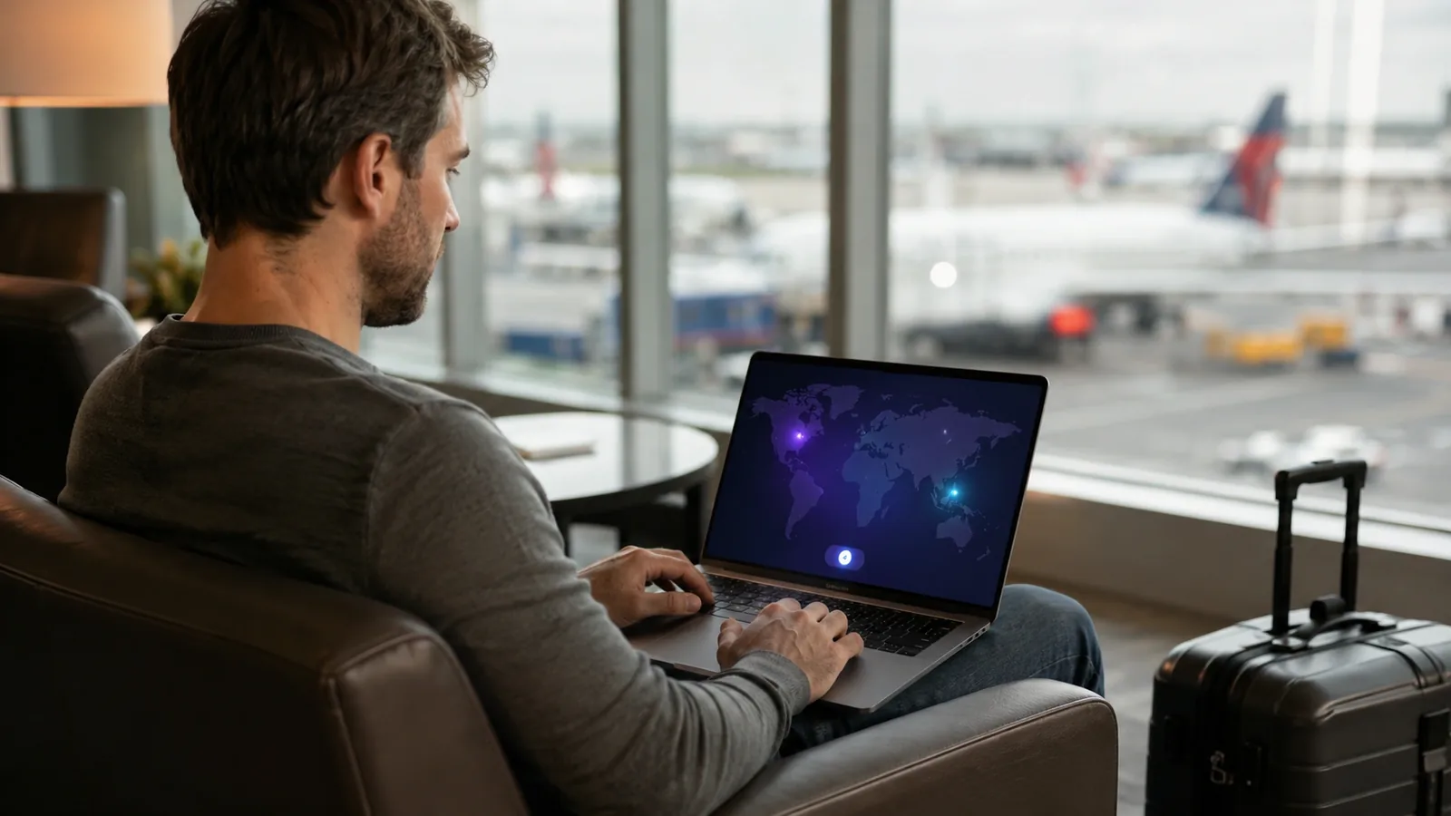 A man working on a laptop in an airport lounge, aircraft visible through the window behind him and a suitcase beside his chair