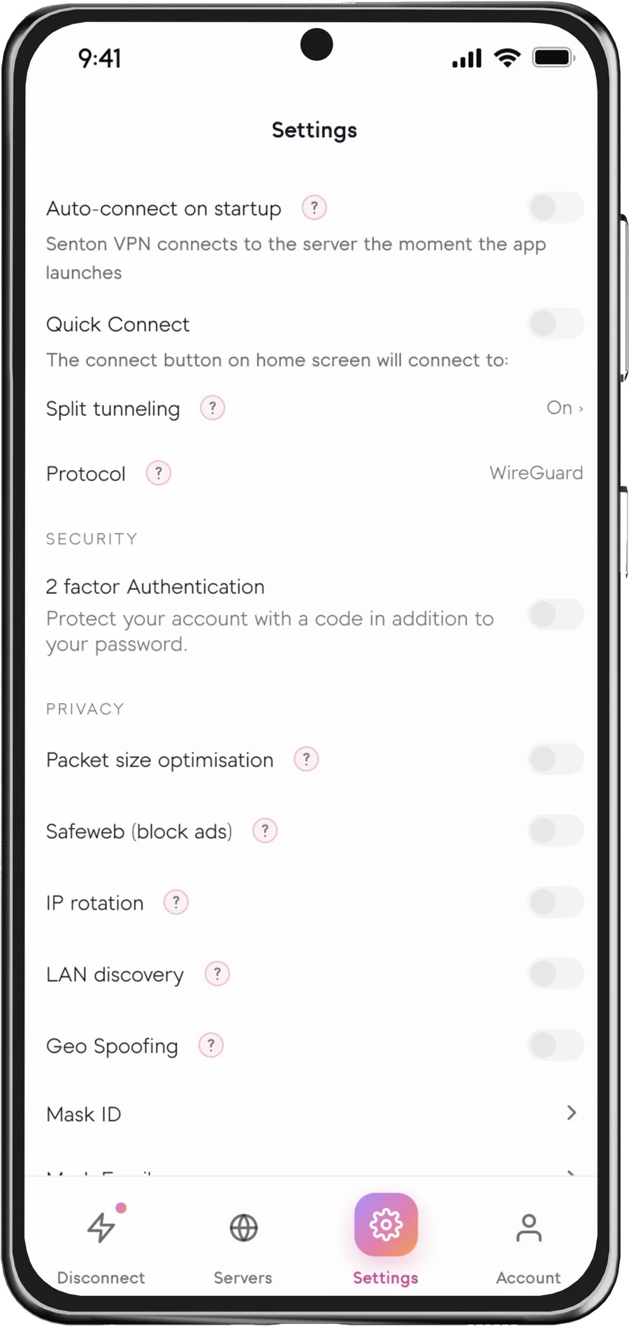 Senton app settings screen with Auto-connect on startup switched off