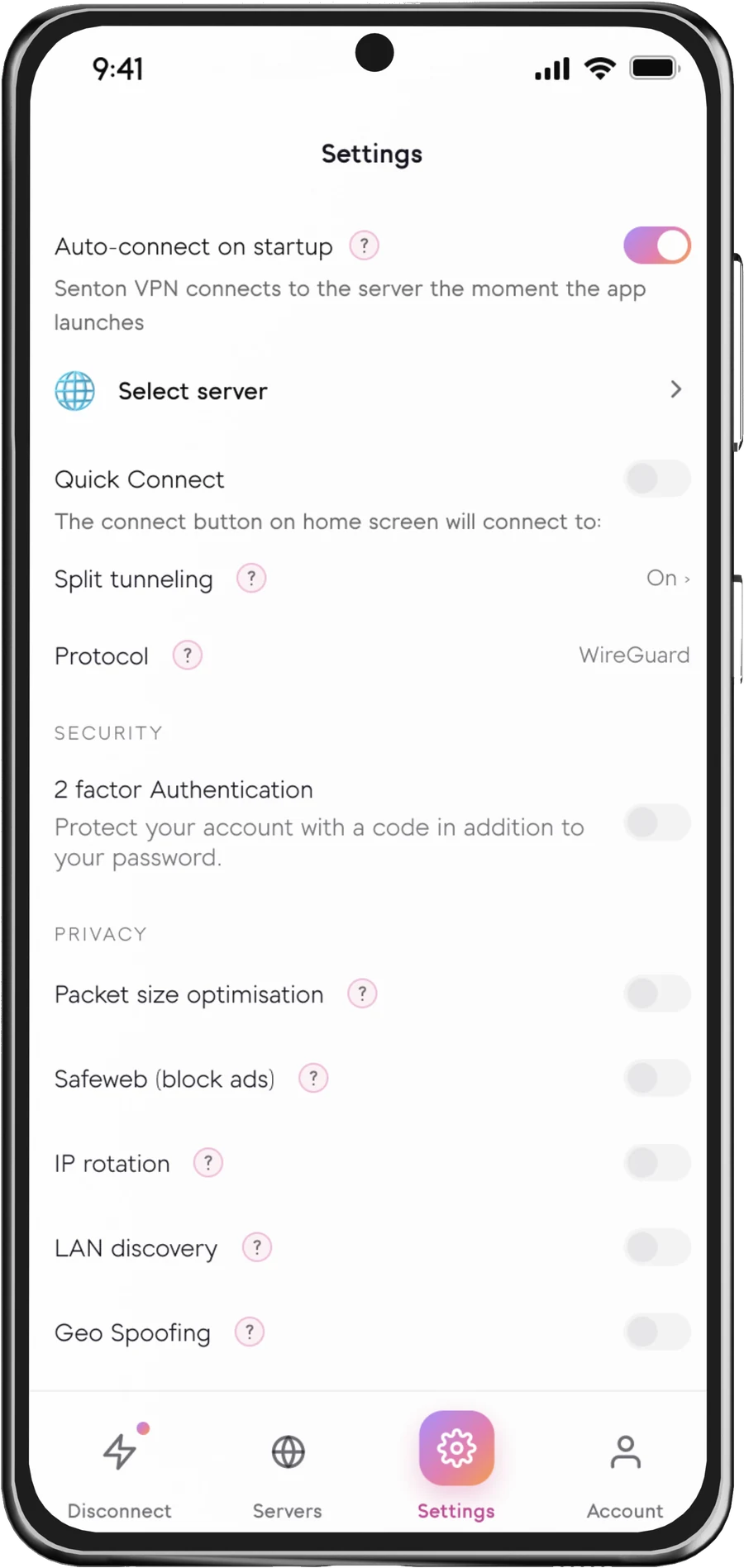 Senton app settings screen with Auto-connect on startup switched on