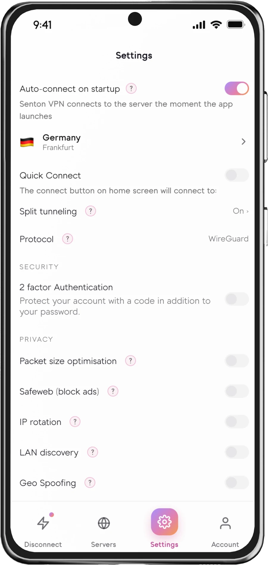 Senton app settings screen with Auto-connect on and Germany, Frankfurt shown as the chosen location