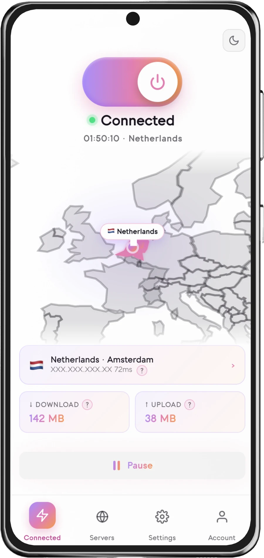 Senton app showing an active connection after opening the app