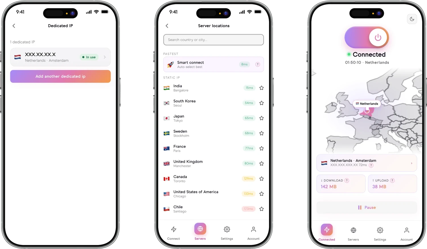 Senton app on iPhone: the Dedicated IP screen showing the address you hold and its location, the server locations list, and a live connection to Amsterdam