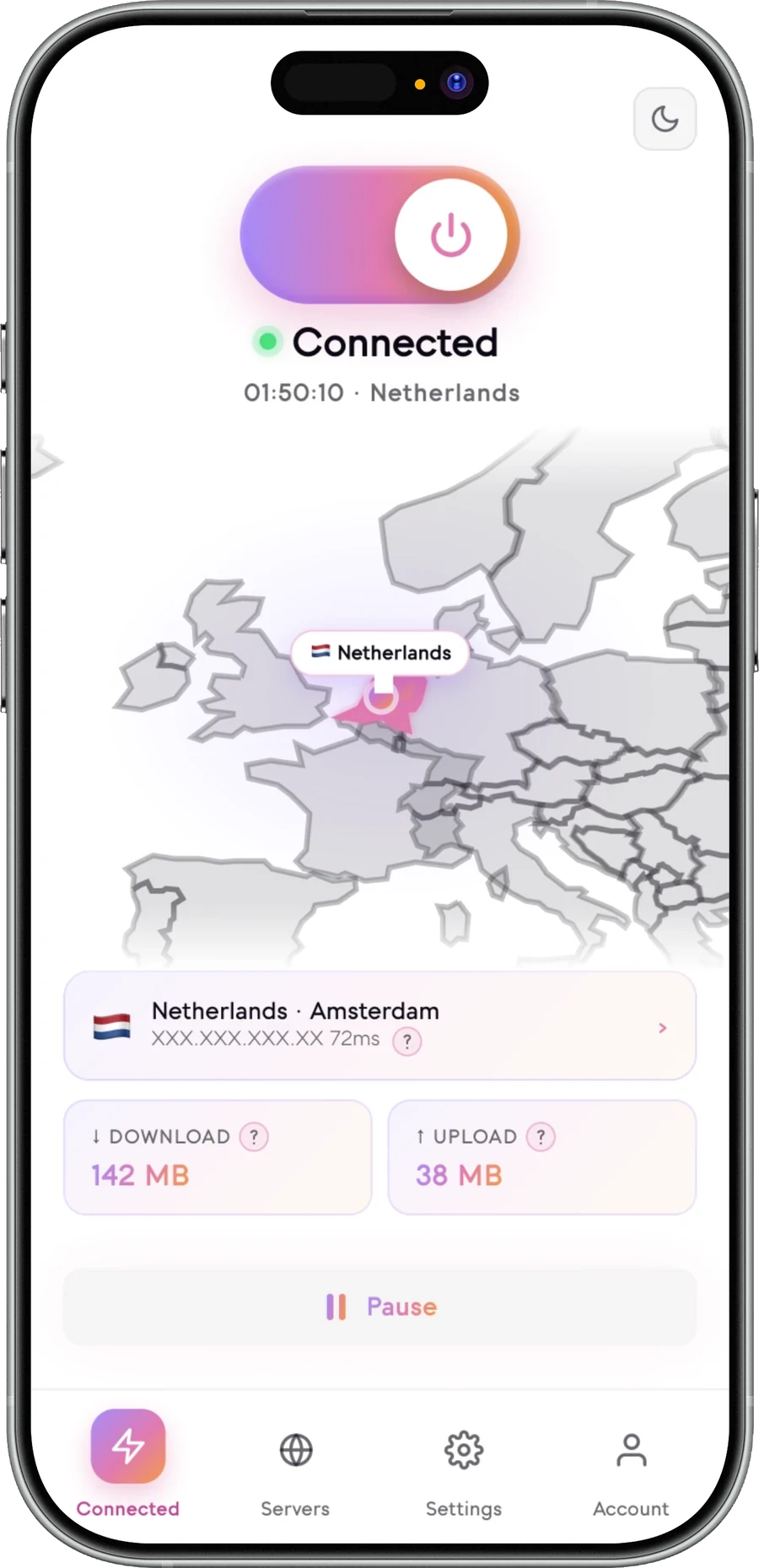 Senton app on iPhone, connected through the Netherlands, showing the country, city and the VPN address in use