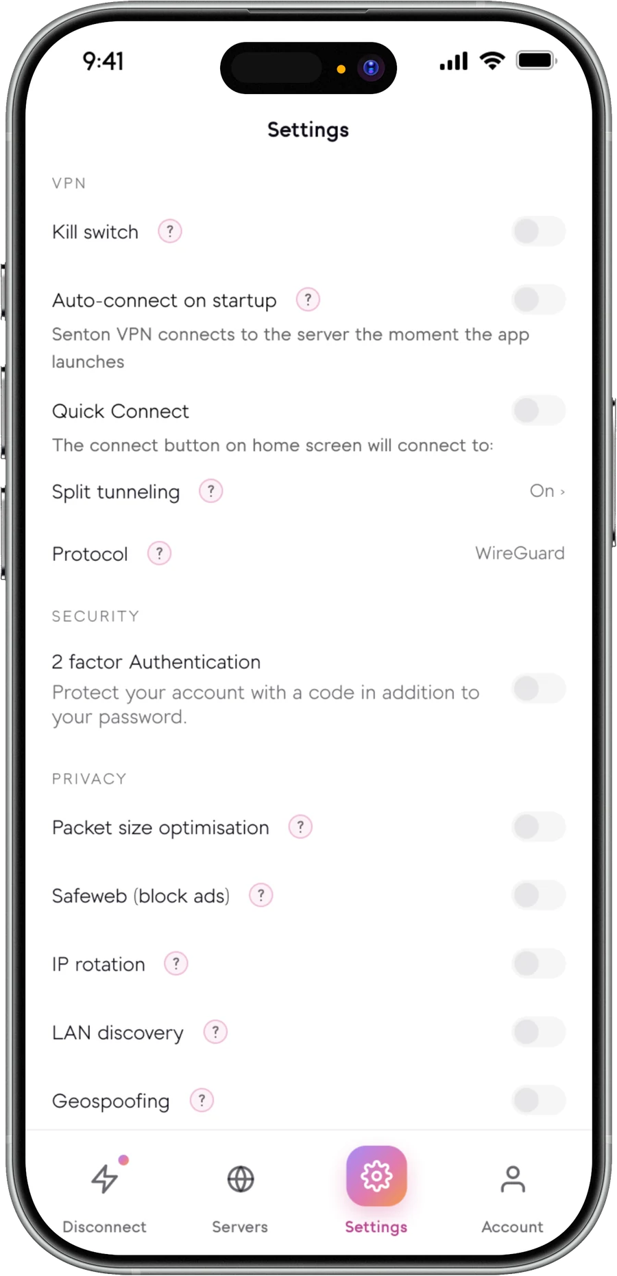 Senton app settings screen showing the Geospoofing control at the top of the list