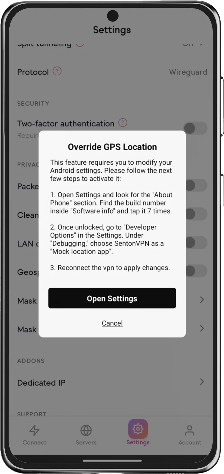 Senton VPN Geo-Spoofing setup, step 2: Override GPS Location
