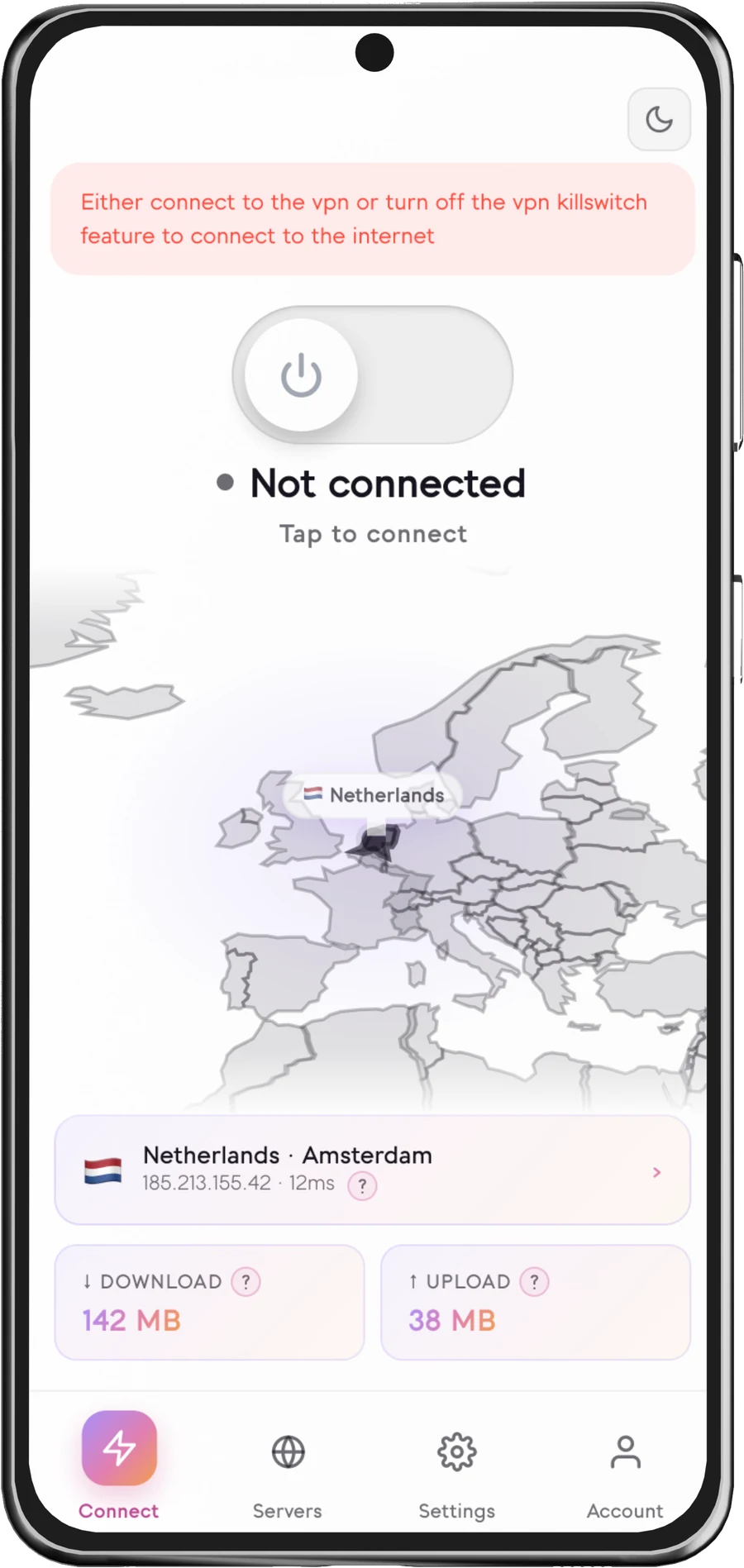 The Senton Android app showing Not connected, with a notice reading: either connect to the VPN or turn off the VPN kill switch feature to connect to the internet