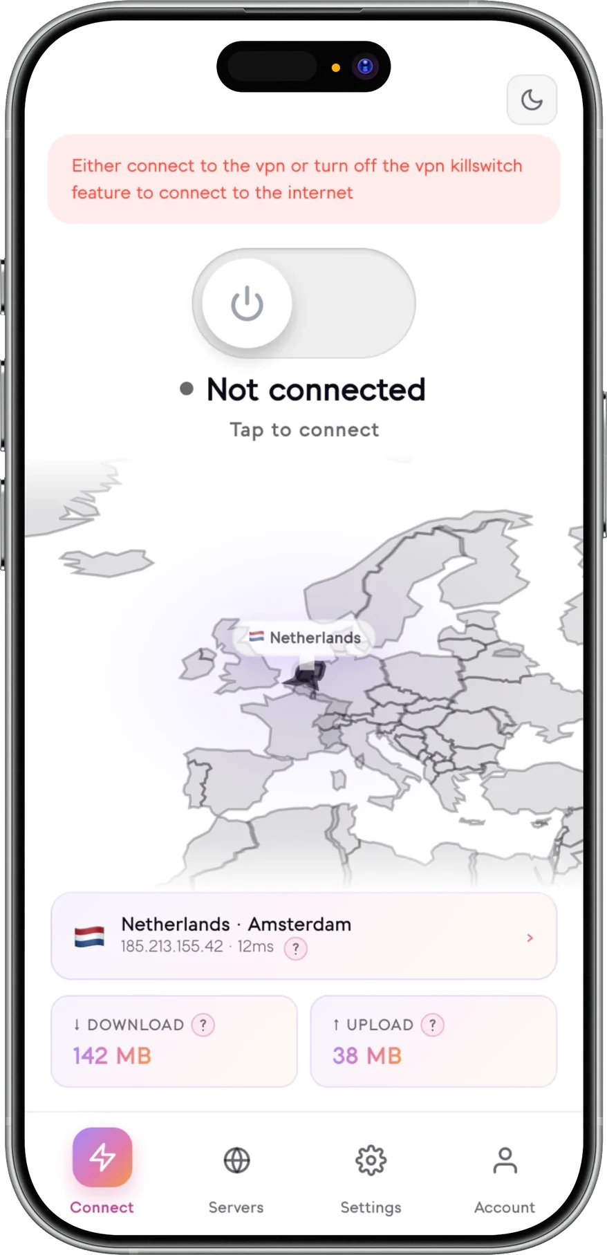 Senton app on iPhone showing the disconnected state, with a notice explaining that the kill switch is blocking internet access until the VPN reconnects