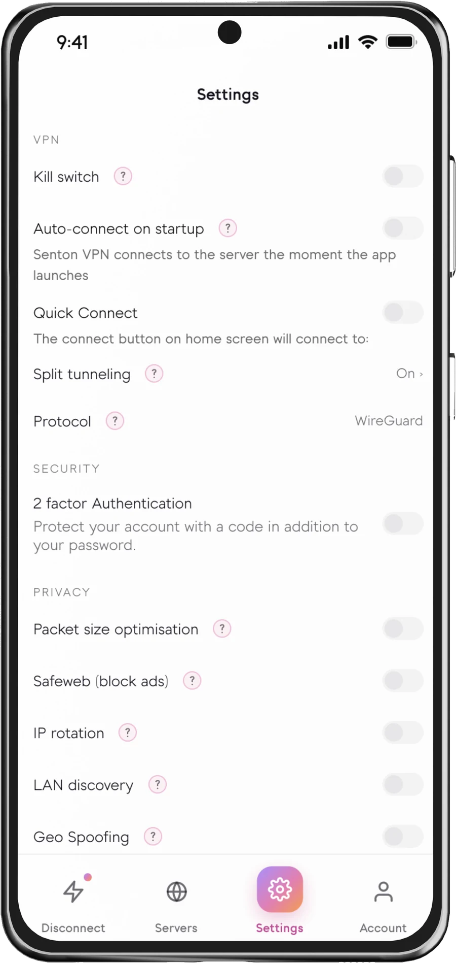 The Senton Android settings screen with the Kill Switch option
