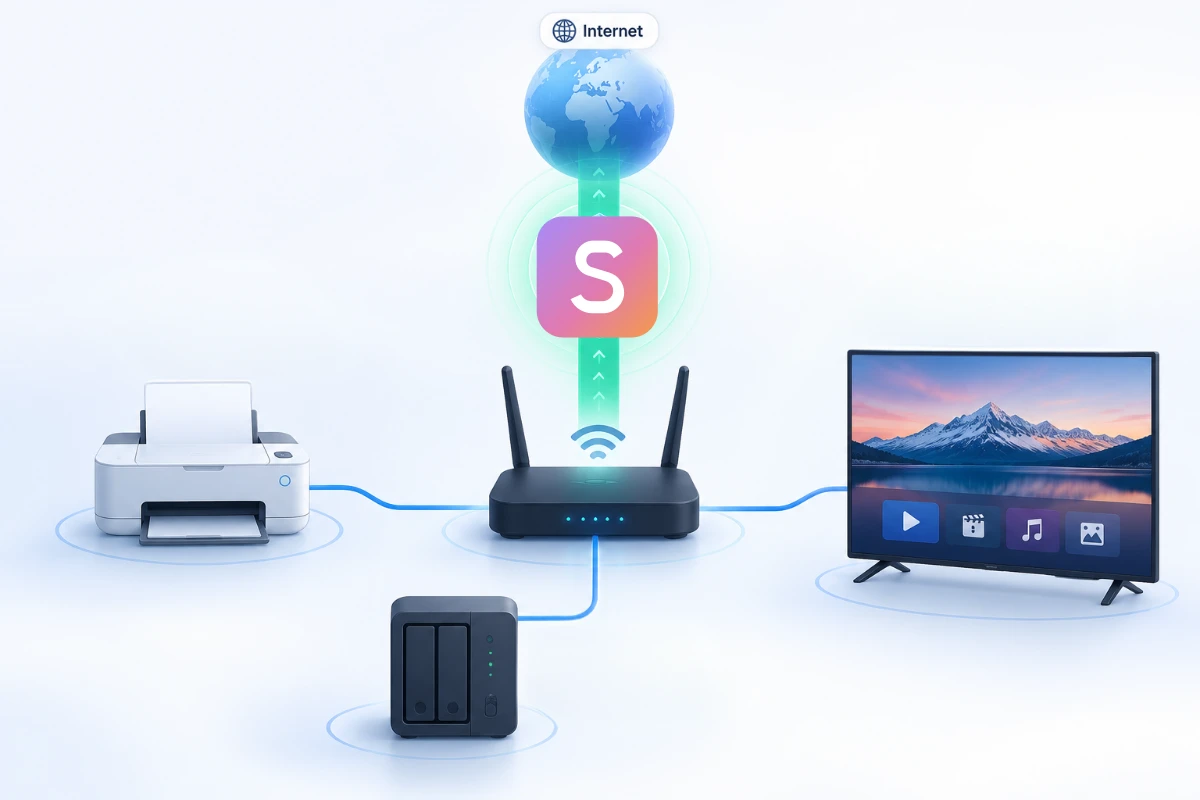 A home network: a printer, a network drive and a smart TV connected to a router, with internet traffic from the router going out through Senton VPN