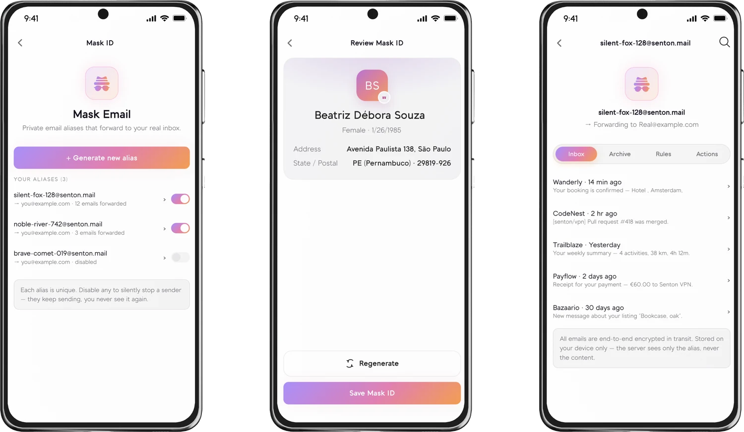 Senton app on Android: the list of email aliases, a generated Mask ID identity, and one alias opened showing the mail forwarded to a real inbox