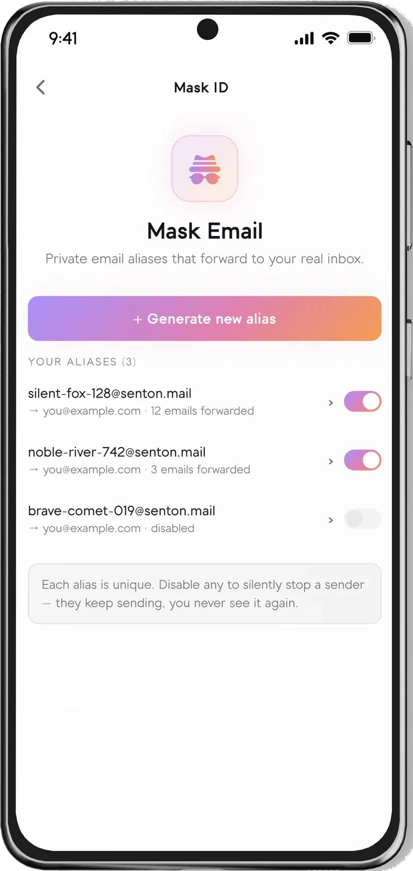 Senton app Mask Email screen listing three private email aliases, each forwarding to a real inbox, with switches to turn any of them off