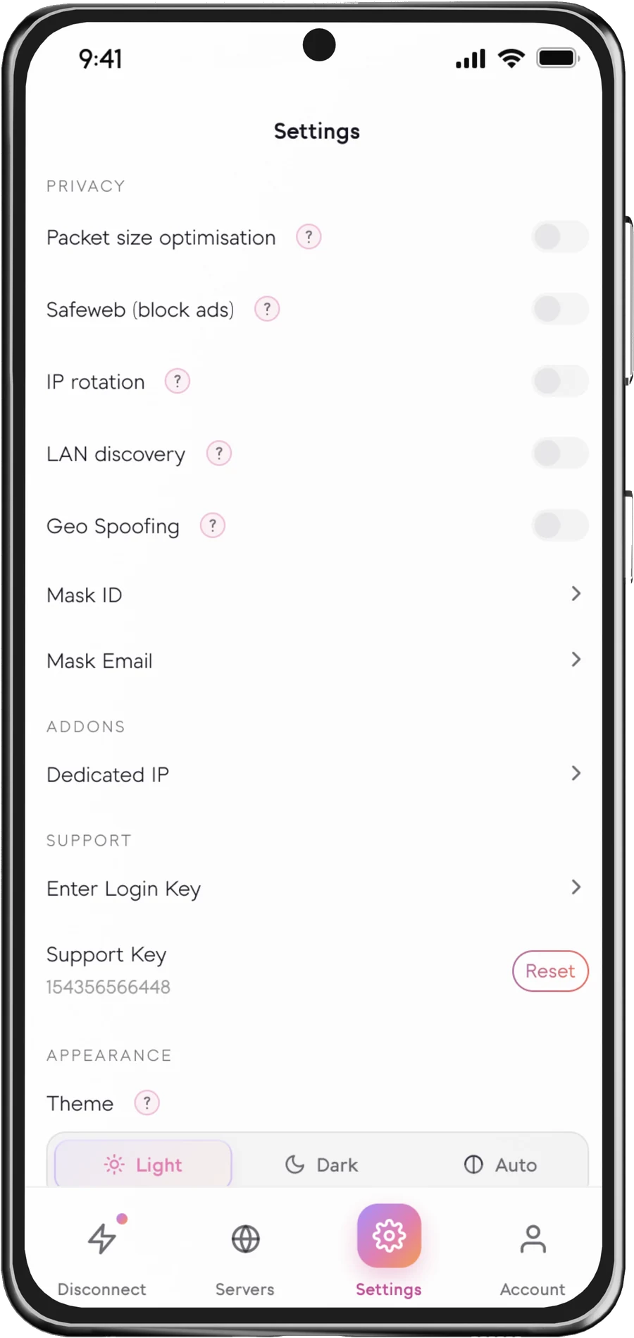 The Senton Android settings screen with the packet size option